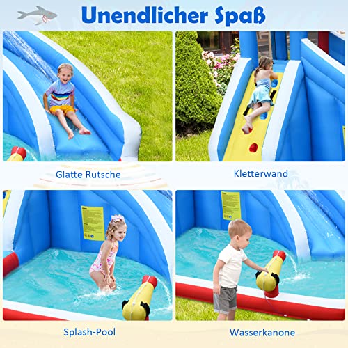 GOPLUS Inflatable Bounce House, Water Park with Slide/Climbing Wall/Basketball Hoop/Splash Pool, for Kids 4-12 Years, Kids Play Pool with Carrying Bag, 390x305x240cm (Shark, With Blower)