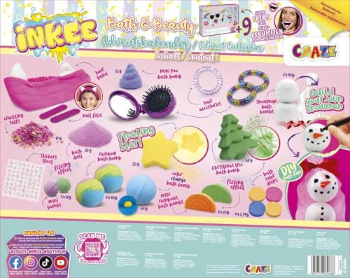 INKEE Bath & Beauty Advent Calendar for Kids - Bath Fun Toy Advent Calendar for Girls, Christmas Calendar with bath bombs, bath ball, bath salts & hair accessories.
