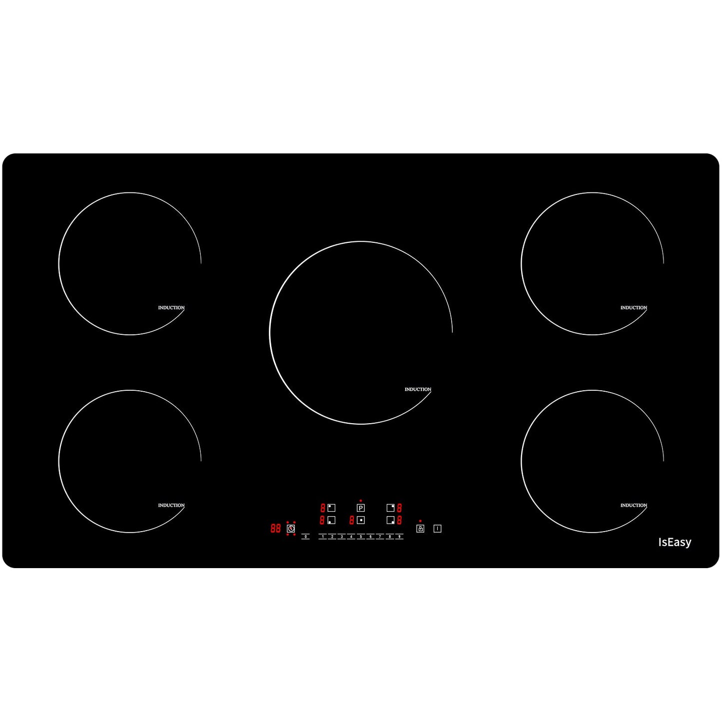 Induction hob 5 zones, IsEasy 90cm Frameless Induction hob, Induction hob with 5 cooking zones, 8600W, Booster function, Digital control, 9 heat levels, Glass ceramic.