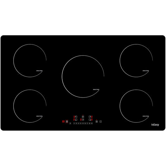 Induction hob 5 zones, IsEasy 90cm Frameless Induction hob, Induction hob with 5 cooking zones, 8600W, Booster function, Digital control, 9 heat levels, Glass ceramic.