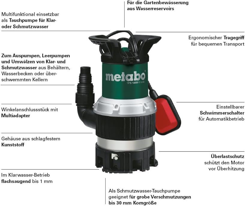 Metabo Combo Submersible Pump TPS 14000 S Combi - 0251400000 - Rated power input: 770 W - Max. Flow rate: 14000 l/h and max. Delivery head 8.5 m - Max. Immersion depth: 7 m - 245 x 179 x 360 mm