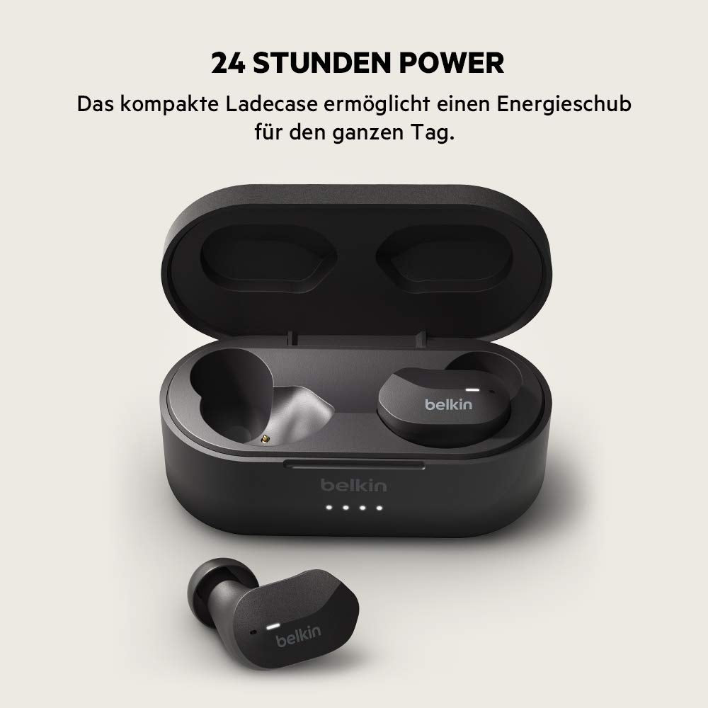 Belkin SoundForm True Wireless In-Ear Headphones (Bluetooth Earphones for iPhone, Samsung & Google devices, touch controls, charging case, 24 hrs playback time, noise isolation, sweatproof) - Black