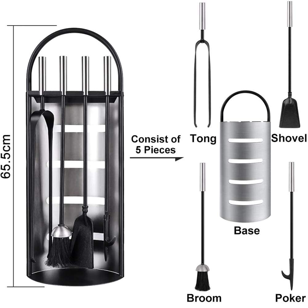 Amagabeli 21.3" (54cm) 4 Piece Fireplace Tool Set Heavy Duty Fireplace Tools Set Silver Wrought Iron Fireplace Companion Set Fireplace Iron Block Holder Fire Pit Lienbacher Fireplace Wood Stove Tools Fire Tongs