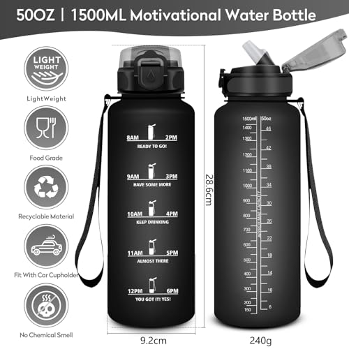 Sports water bottle 1.5L, leak-proof bottle with straw, motivational bottle with time markings, suitable for carbonated drinks, ideal for gym, camping, biking, adult use.