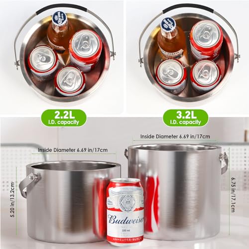 3.2L Insulated Ice Bucket with Silicone Lid, Tongs, and Strainer