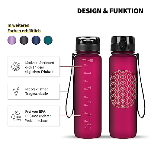 720°DGREE water bottle 1l with motif "uberBottle" + sieve - Leak-proof, lightweight, BPA-free, shatterproof - Water bottle for university, sports, fitness, cycling, outdoor - Reusable Tritan sports bottle - Red