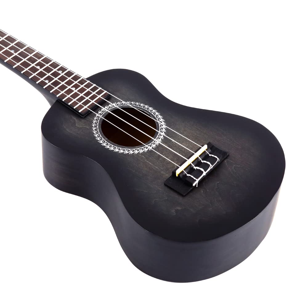 Winzz 23" Ukulele Concert Beginner Set for Kids Adults, Unique Color Design, with Bag, Tuner, Extra Strings, Strap, Music Note Stickers (Black)