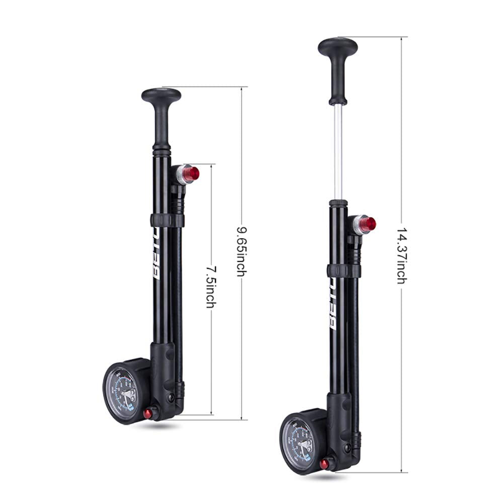 Beto high-pressure shock pump - (400 PSI max) MTB bike shock pump for front and rear suspension with no-loss Schrader valve.