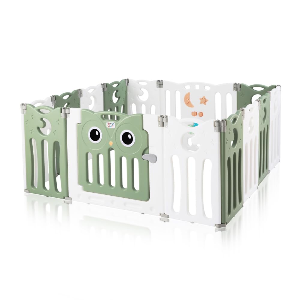 Baby Vivo Playpen Play Yard Foldable Baby Playpen Crawl Gate Safety Gate for Kids made of plastic with door and toys 14 elements in Green - Owl