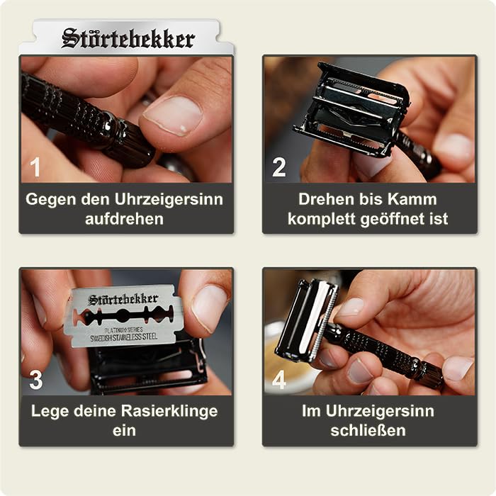 Störtebekker® Premium safety razor set for men in handcrafted leather case - shaving kit with shaving brush, stainless steel shaving bowl, shaving soap, alum stone, and razor blades - men's beard care set