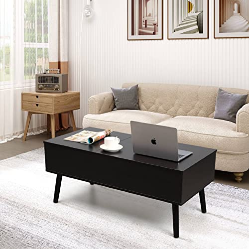 VOWNER coffee table, adjustable height, extendable, retractable, separate hidden storage compartment, double lift top, living room table, black walnut color.