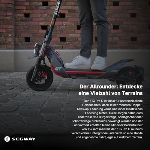 Segway ZT3 Pro D, street-legal E-Scooter, 70km Eco range, 56km range at 20km/h, full suspension, 120kg weight capacity, 25% incline, Apple FindMy, off-road tires, waterproof, Ninebot.