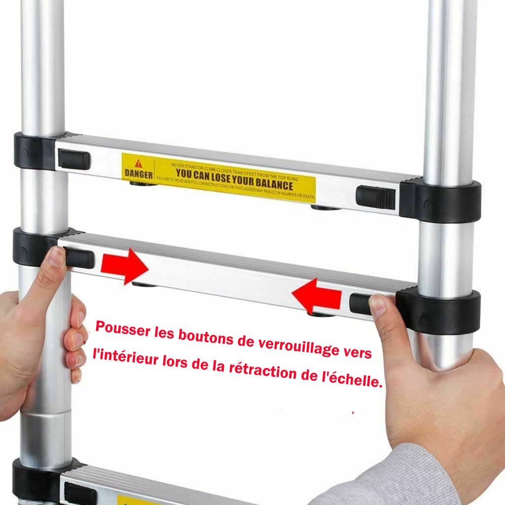 5m telescopic ladder, aluminum, 150kg capacity, EN131 certified. Folding attic ladder with non-slip rubber feet.