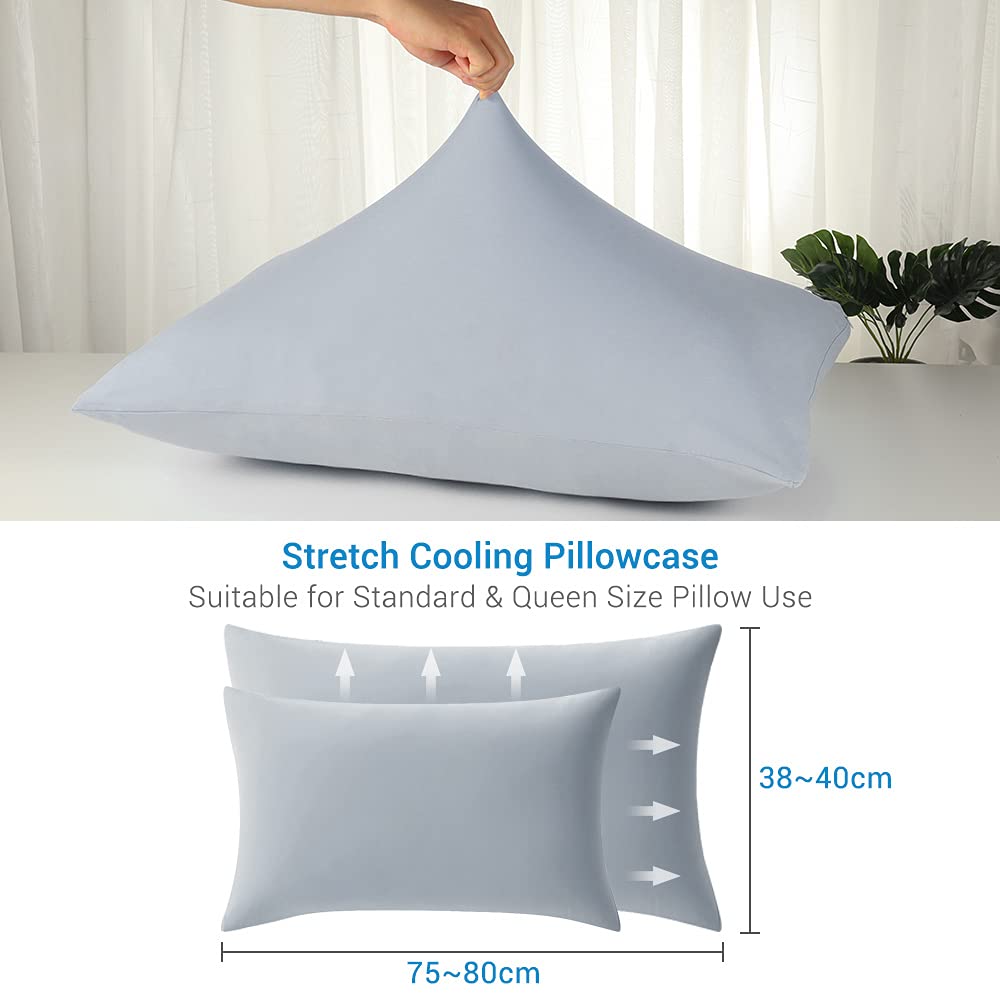 Luxear cooling pillowcase set of 2, pillowcase elastic with Arc-Chill cooling fibers breathable, silky pillowcases with zipper, hair/skin friendly pillow cover, 40x80cm-Gray