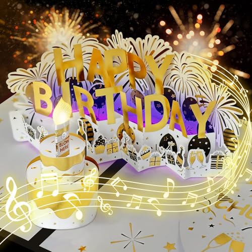 Birthday card, musical birthday cards with inflatable LED candlelight, Happy Birthday song, big birthday cake, pop-up greeting cards, birthday gift card for women, men, children.