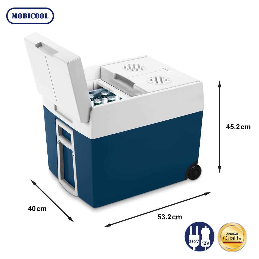 Mobicool MT48W AC/DC - electric cooler with wheels suitable for a complete crate of drinks/beer, 48 liters, 12V and 230V for car, truck, boat, camper, and socket.