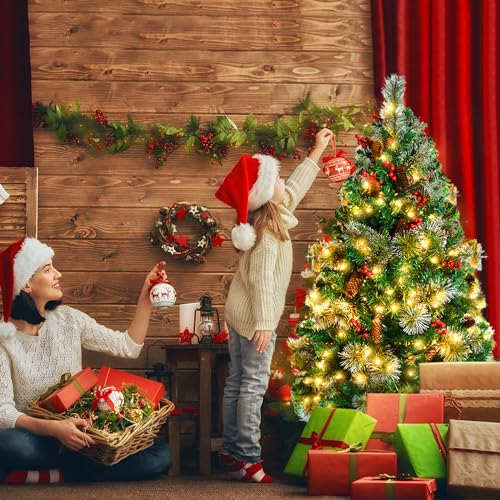 FIVMEN Artificial Christmas Tree with Lights 120 cm PVC Faux Christmas Tree with 180 LEDs and Stand Fake Christmas Trees Christmas Decorations, with Pine Cones and Berries