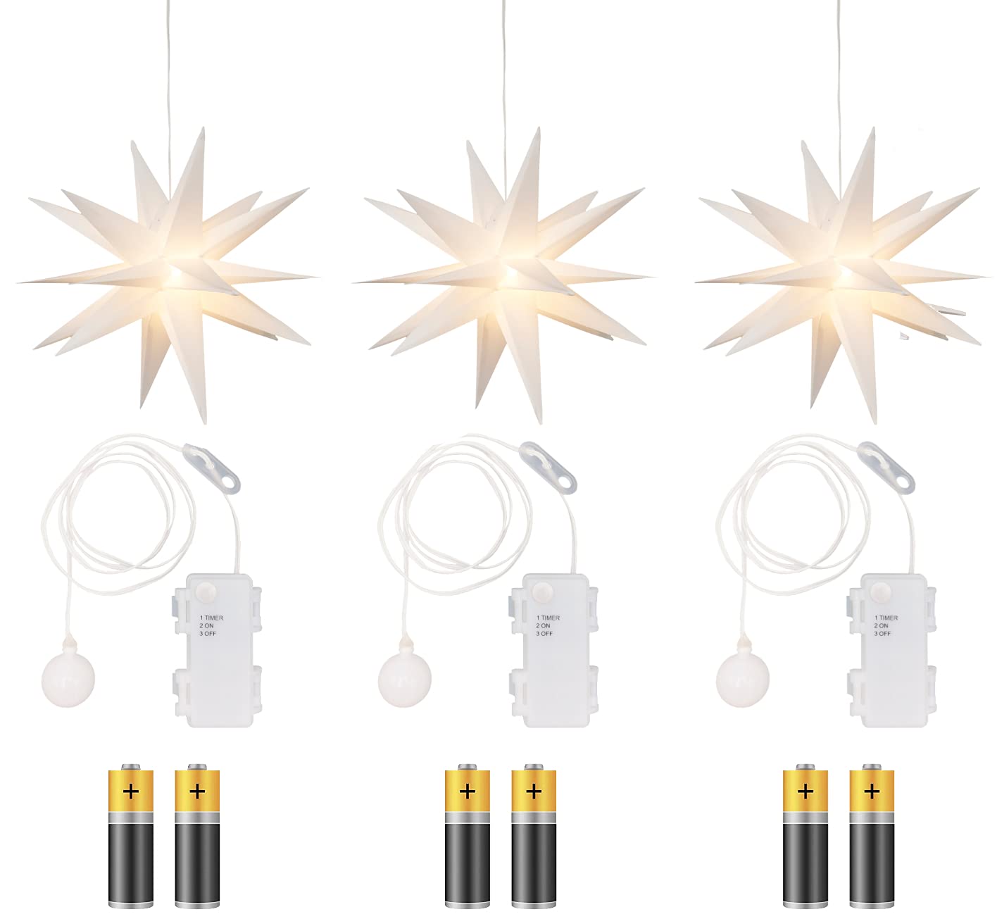 3-pack 3D LED star - Christmas star with warm white lighting, suitable for indoor and outdoor use, hanging, 100 cm cable, approx. Ø 25 cm, battery-operated (white)