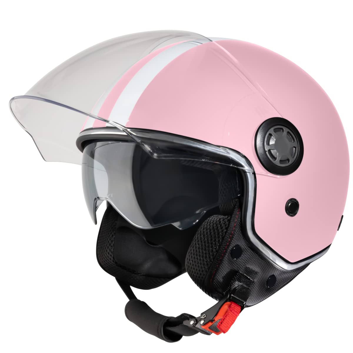 VINZ Parchi Jet Helmet with Double Visor | Scooter Helmet Fashion Helmet with Stripes | Available in sizes XS-XXL | Jet Helmet with Sun Visor | ECE 22.06 Certified | Motorcycle Helmet with Visor - Pink