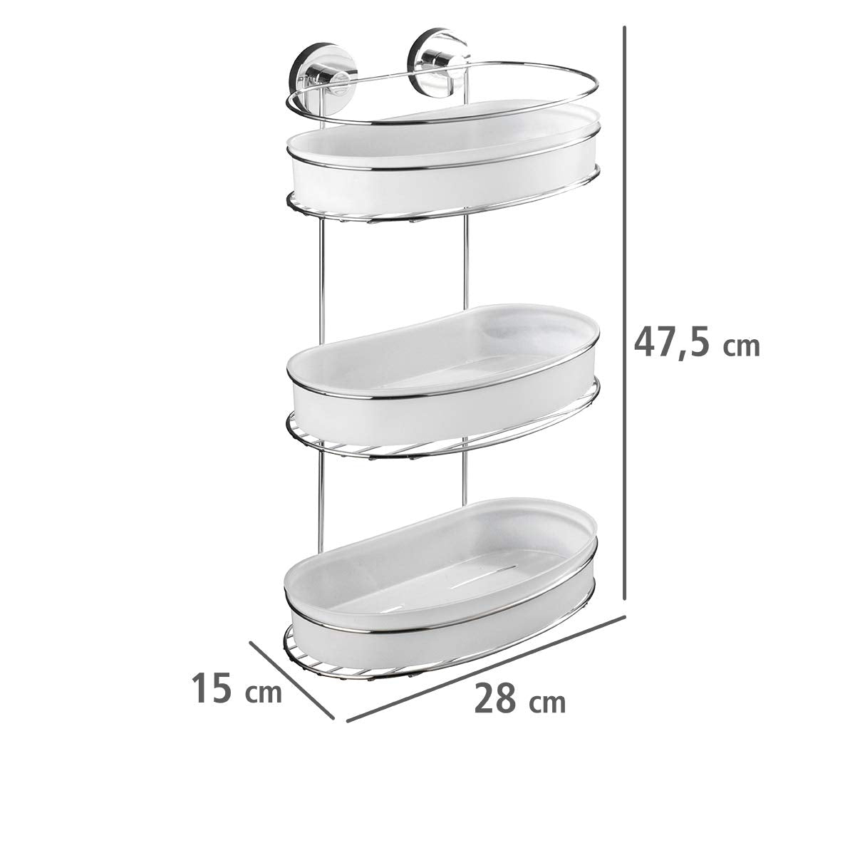 WENKO Vacuum-Loc wall shelf 3 tiers Milazzo, wall shelf without drilling, shower shelf, shelf for bathroom and kitchen, chromed metal with white plastic insert, 28 x 47.5 x 15 cm