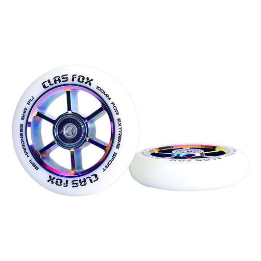 CLAS FOX Pro Stunt Scooter Wheels 100mm One Pair with ABEC-9 Bearings CNC Metal Core Graviti (2 pieces) (White-Rainbow)