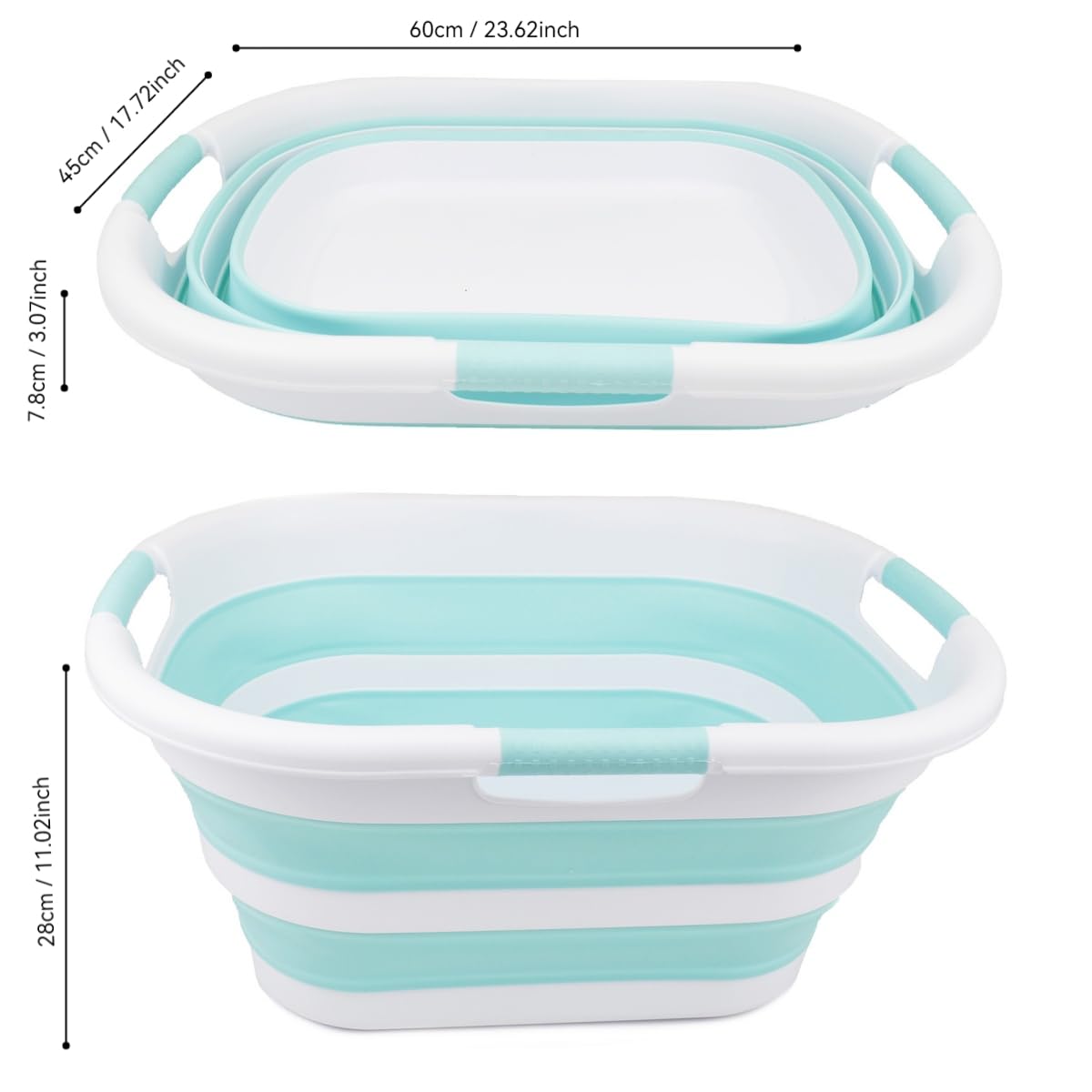 SAMMART foldable plastic laundry basket, 40L, collapsible pop-up storage container/organizer - portable wash tub - space-saving laundry hamper (1, White/Sea Green)