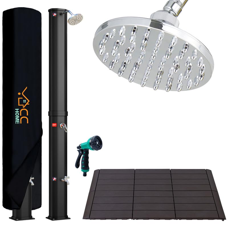 CCLIFE 40L solar shower with plastic base and handheld shower head. Solar garden shower for pool, rain shower, outdoor shower, garden sprayer for warm water.
