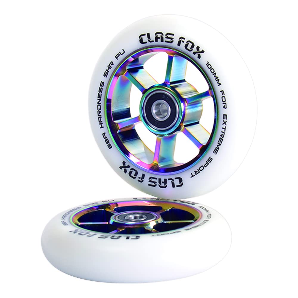 CLAS FOX Pro Stunt Scooter Wheels 100mm One Pair with ABEC-9 Bearings CNC Metal Core Graviti (2 pieces) (White-Rainbow)