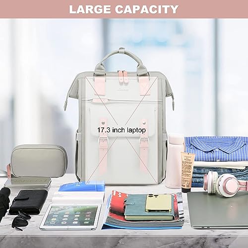 LOVEVOOK Women's Backpack Large, Laptop School Backpack for Girls Teens 17 Inch with Data Cable Bag & USB Charging Port, Waterproof School Bag Backpack for College Office Business Travel Gray