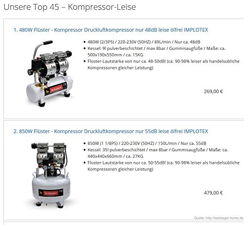 IMPLOTEX 480W Silent Whisper Compressor Air Compressor only 48dB quiet oil-free whisper Compressor Compressor (480W 9 liters without accessories)