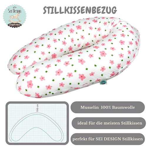 be Design XXL nursing pillow ergonomic 190x30, pregnancy pillow side sleeper pillow comfort pillow for adults and baby, muslin cover (muslin pink flowers)