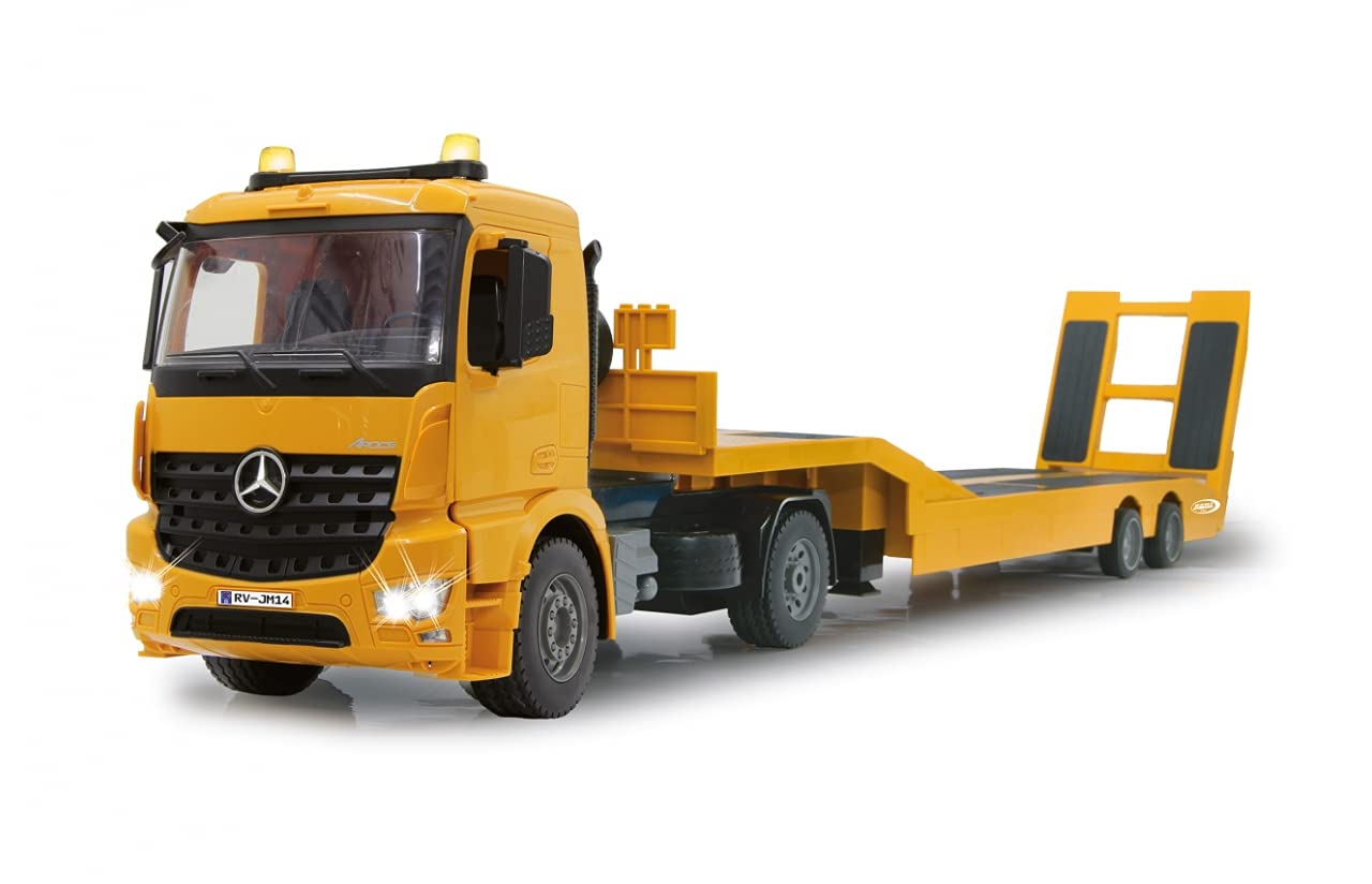 Jamara 405107 - Low loader Mercedes Arocs 1:20 2.4GHz - Coupling and uncoupling low loader, low loader support + ramp up/down, horn, reverse alarm sound, realistic engine sound, 2 speed levels, Yellow