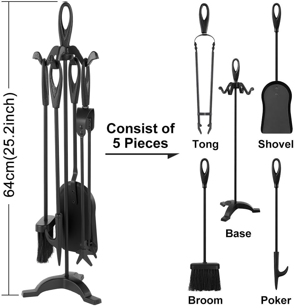Amagabeli 25.2”(64cm) 5-piece Fireplace Tools Set Wrought Iron and Interior Fireplace Accessories Wood Holder Fireplace Stand Fire Tongs Shovel Antique Brush Chimney Poker Wood Stove (Black)