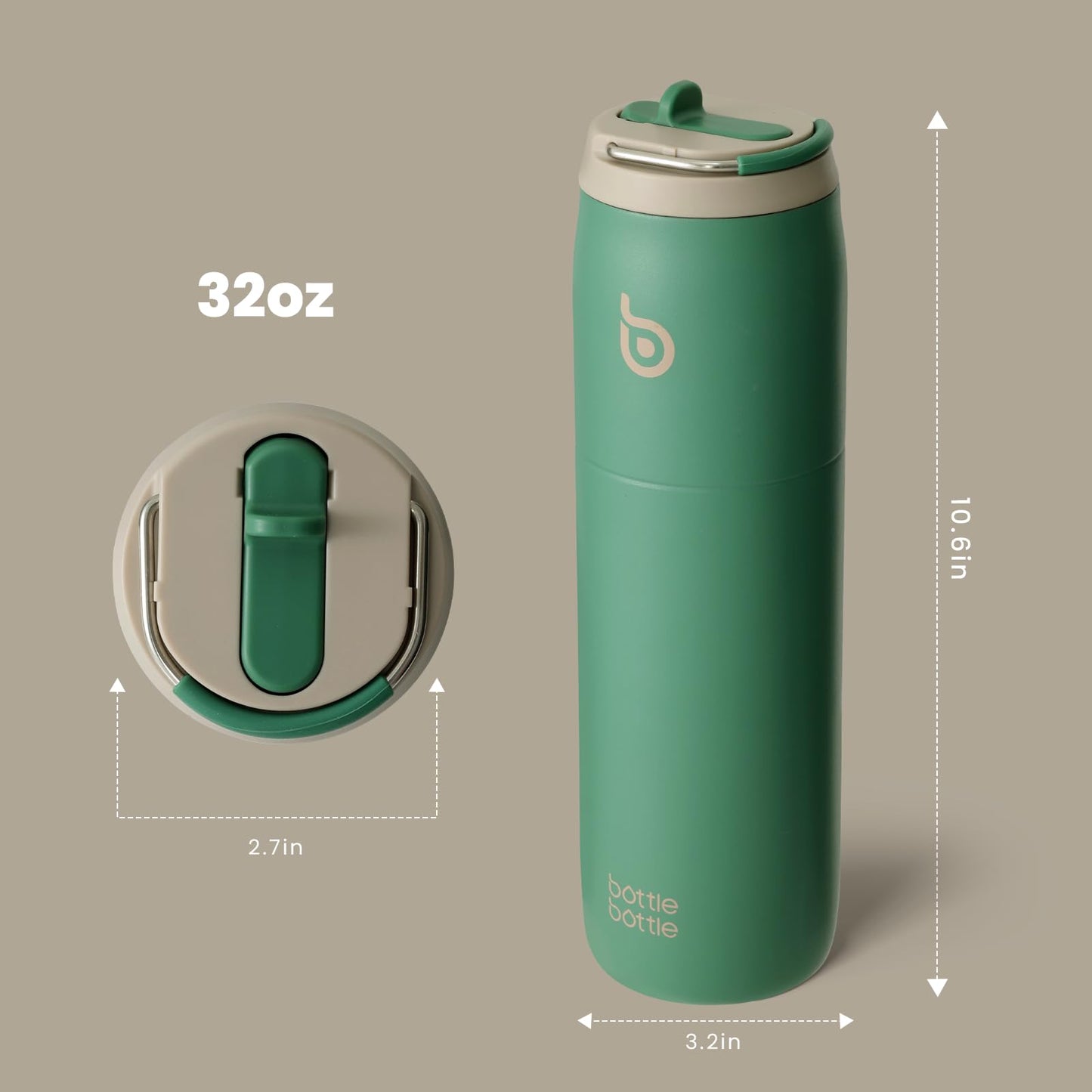 Insulated water bottle Stainless steel 32oz(946ml) with straw handle for sports, travel, gym, double-wall leakproof, BPA-free (Green)