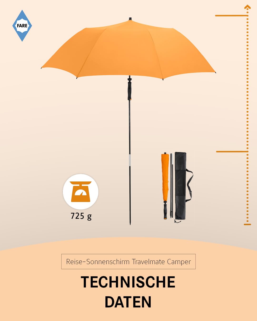 FARE Travel Sun Umbrella Travelmate Camper - Lightweight & Compact, UV Protection UPF50+, Ideal for Travel, Beach, Outdoor & Camping - Can also be used as a rain umbrella.