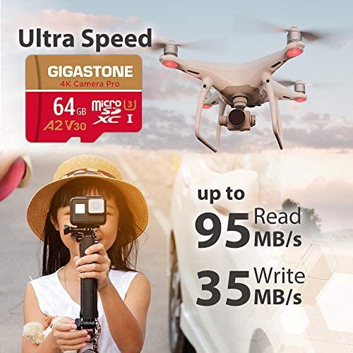 GIGASTONE 64GB Micro SD Card 2-Pack, 4K Camera Pro, compatible with GoPro Switch, up to 95 MB/s, A2 U3 V30 Micro SDXC card with SD adapter.