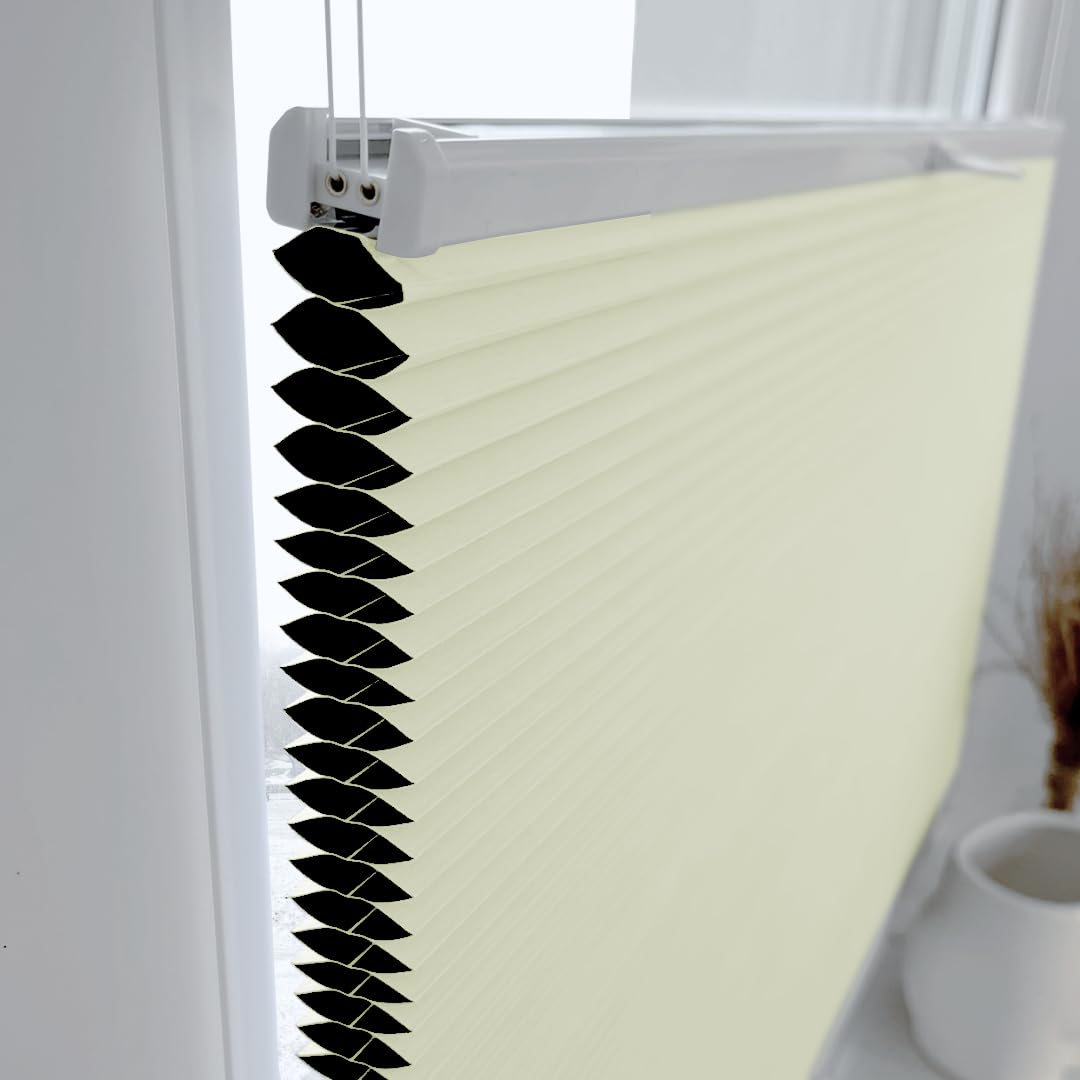 Home-Vision® Premium Double Pleated Honeycomb Pleated Shade without Drilling with Clamp Fix (White-Cream, W75cm x H120cm) Modern Clamp Fix Pleated Shade with Heat and Sun Protection for Windows Thermo.