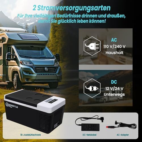 WANNYTON Compressor Cooler 18 liters, electric cooler 12V 240V, camping fridge with memory function, with USB connection drink holders, portable freezer for car home