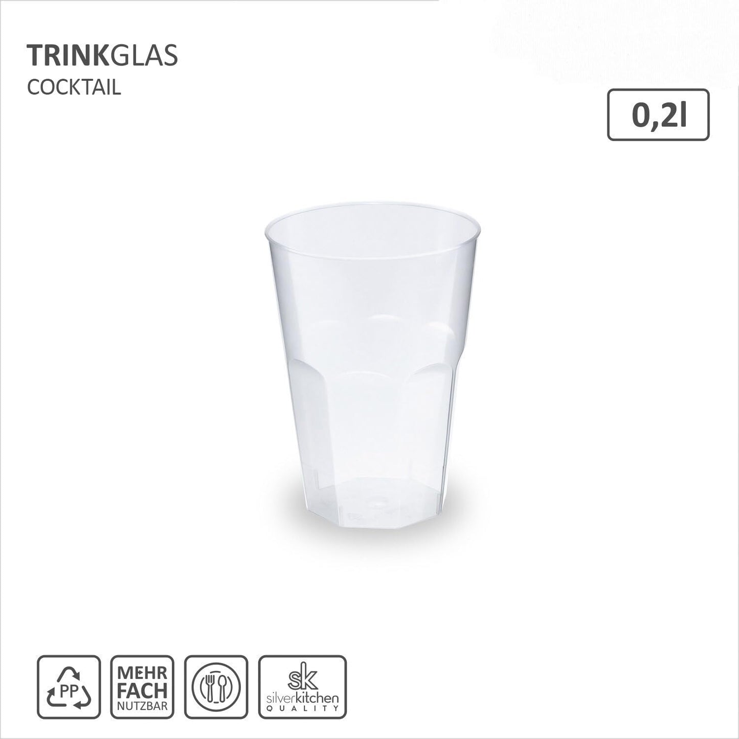 Silverkitchen 50x cocktail cups 0.2l reusable - stackable, dishwasher-safe plastic cups for cocktails & aperitifs, BPA-free with measuring line - Made in Germany.