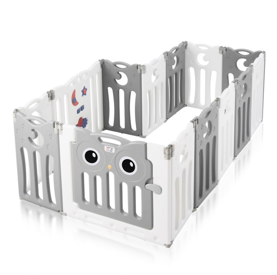 Baby Vivo Playpen Folding Playard Baby Safety Gate Playpen Fence Playpen for Kids made of plastic with door and toys 14 elements in grey - Owl