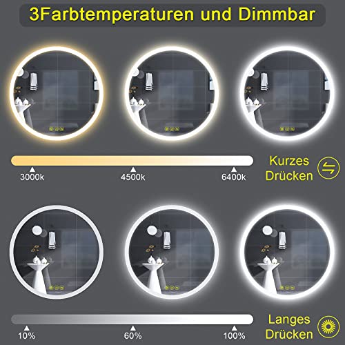 AI-LIGHTING Bathroom Mirror with Round Lighting 50 cm, 3 Light Colors, Fog-Free, Memory Function, Touch Switch, Energy Efficient.