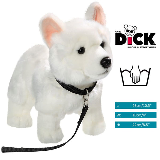 Carl Dick White German Shepherd with leash standing, dog, plush toy, cuddly toy approx. 26cm long, approx. 22cm high 3485