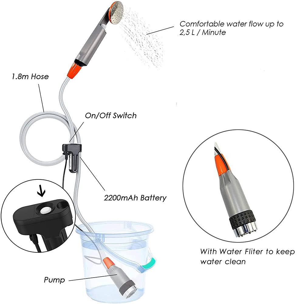 Zooma camping shower with pump, outdoor camping shower, garden shower outside, portable shower with submersible pump battery for camping.