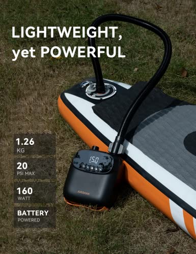 AIRBANK Electric Air Pump SUP Pump with Battery The Buffer Pro, Rechargeable Dual Stage Auto Off Air Pump for Paddleboard, Wing Foil & Kite, Tent, Mattress (Light Gray)