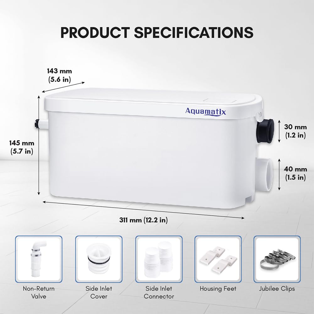 Aquamatix Shower Pump 250W Lifting unit Compact Drainage pump, Waste water pump 8m Vertical pump distance 100L/min for showers and sinks 2 inlets