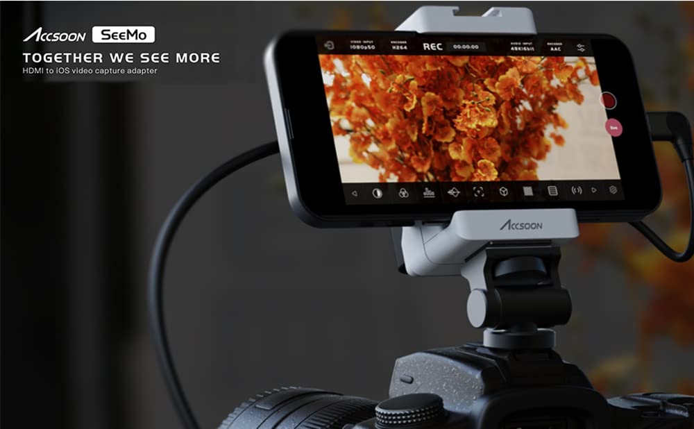 Accsoon SeeMo video monitor handset camera HDMI to iOS video capture adapter for iPhone and iPad FHD 1920*1080P 60FPS real-time streaming recording preview, iOS 12.0 or higher (White)