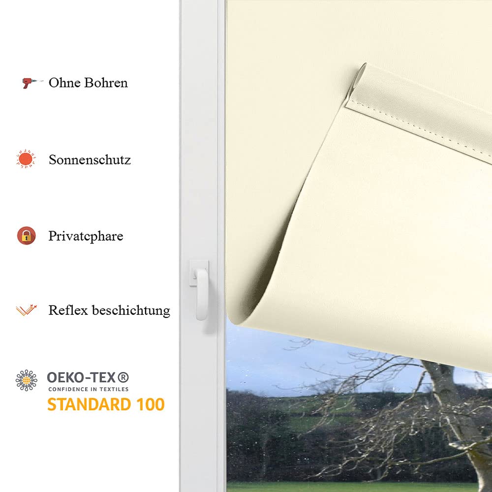 Eurohome blackout roller blind thermal blind 50x130cm (fabric width 46 cm) cream clamp fix without drilling with same color coating side pull roller blind Oeko-TEX Standard 100 clamp blind for window & door