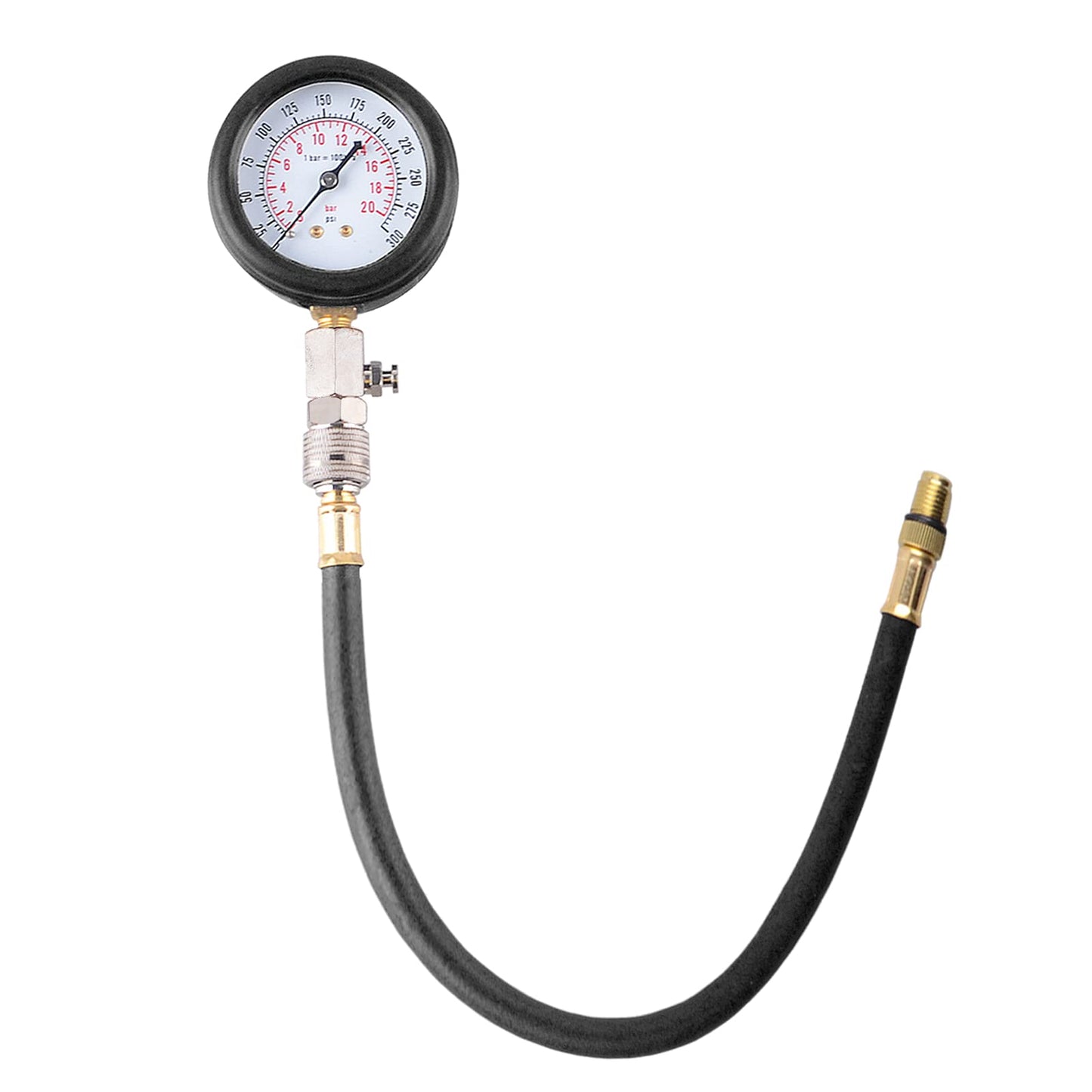 DAYUAN compression tester set for checking engine compression in vehicles. Compatible with M10, M12, M14, and M18 threads, with a range of 0-20 bar & 0-300 psi.