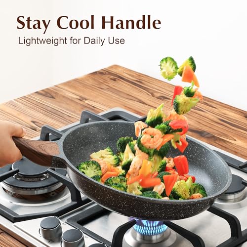 Sensarte skillet, non-stick coating, Swiss granite coating, omelette pan, healthy stone cookware, PFOA-free, 8", 11", 13" + glass lid + turner