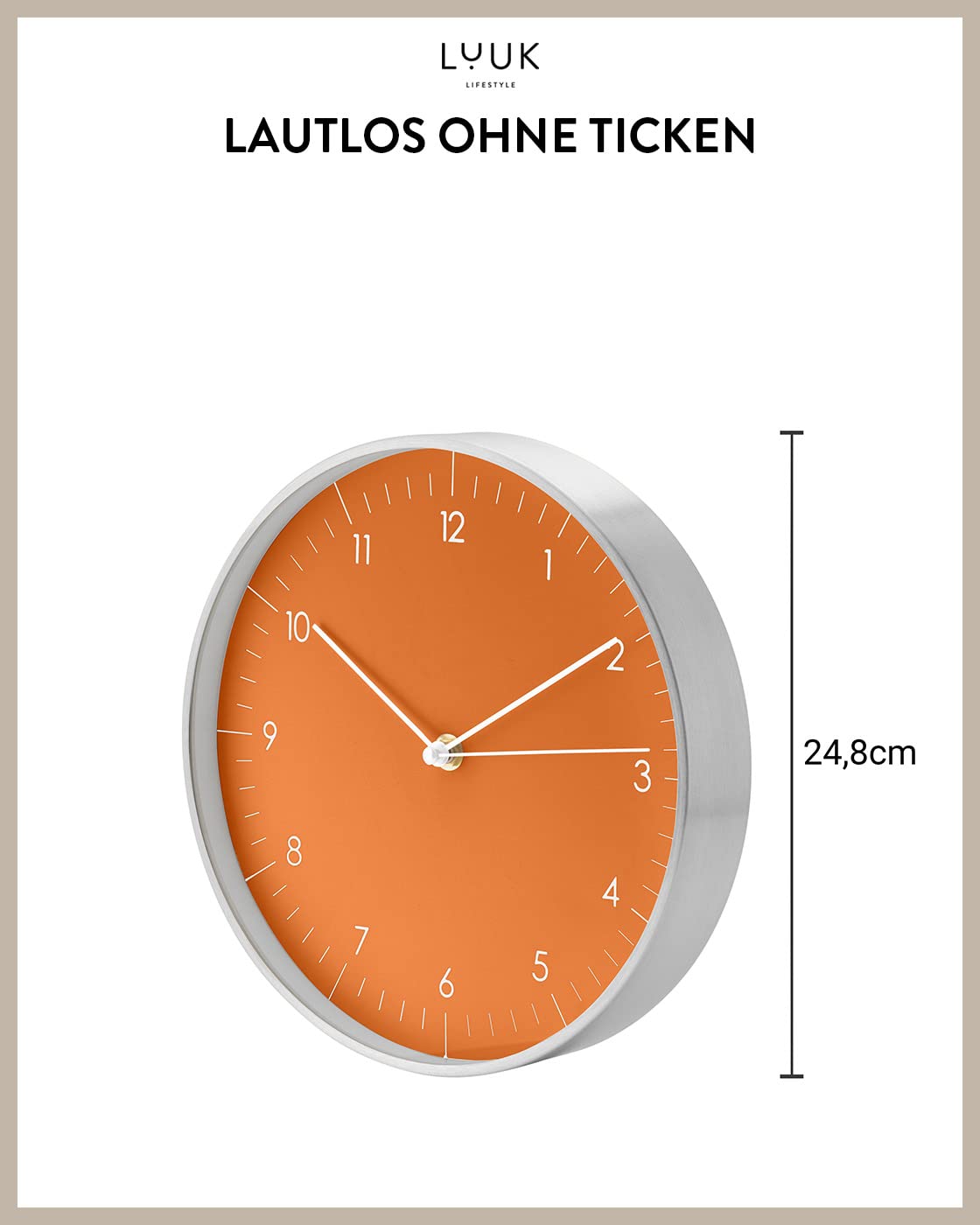 LUUK LIFESTYLE Quartz Wall Clock with Silent Movement, Simple Design, for Office, Kitchen, Bathroom, Housewarming Gift, 24cm in Orange and Silver.